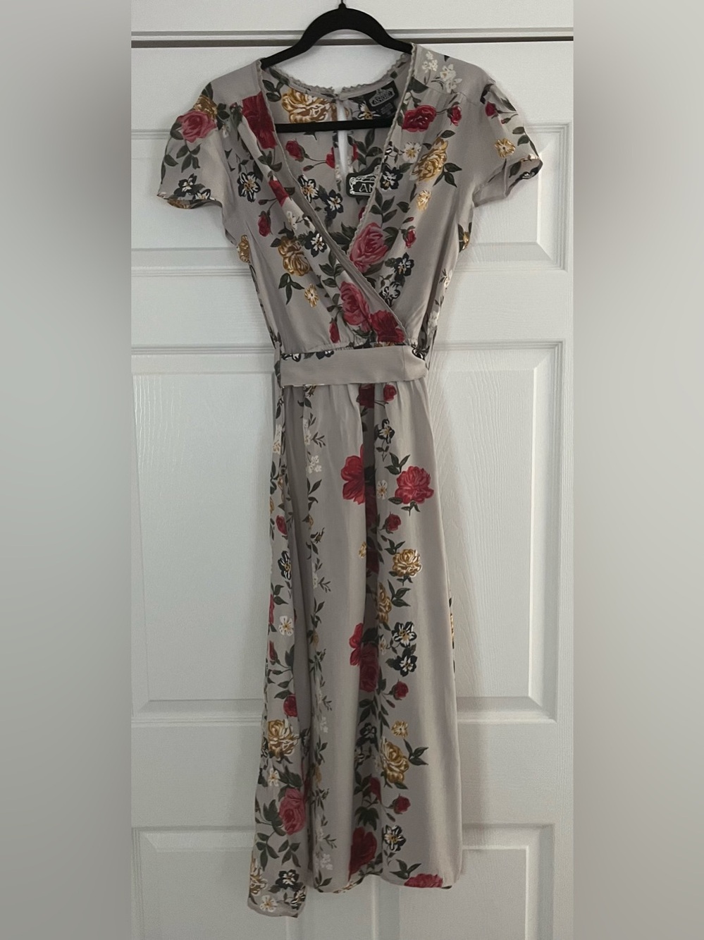 Angie Light Grey Midi Dress with Red & Gold Floral Print